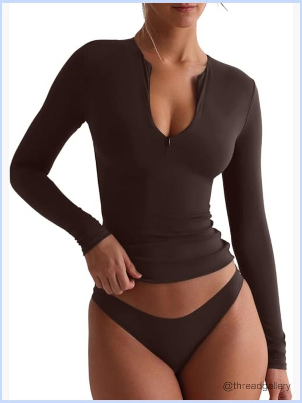 Double Lined Quarter Zip V Neck Long Sleeve Cropped Top